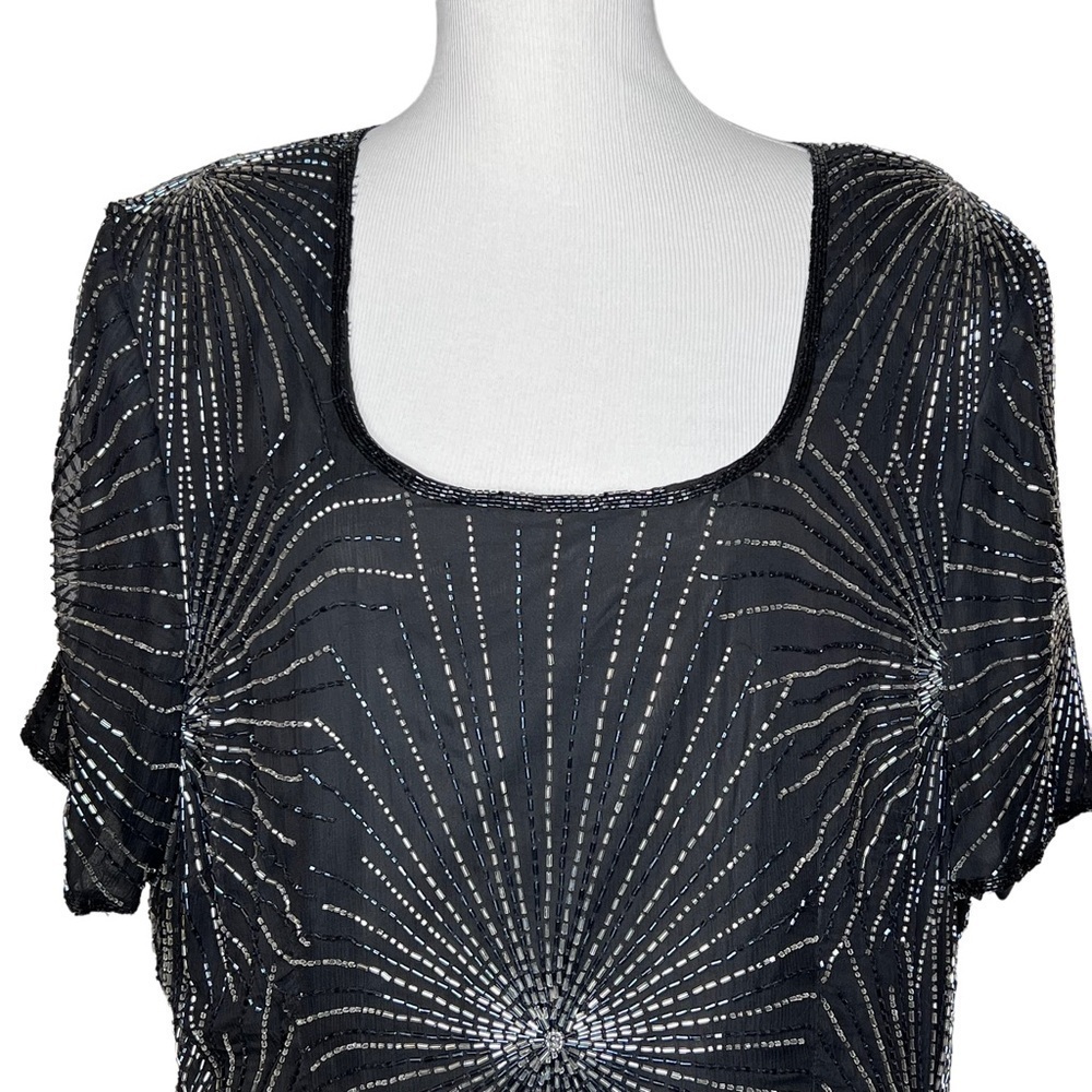 Vintage 80βs Papell Black Silk Beaded Scoop Neck Short Sleeve Cocktail Blouse 3X - Picture 4 of 15